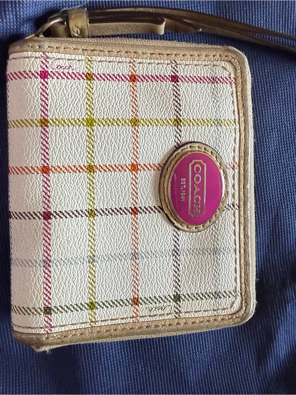 Coach White Plaid Wristlet with Multicolor Accent and Pink Logo